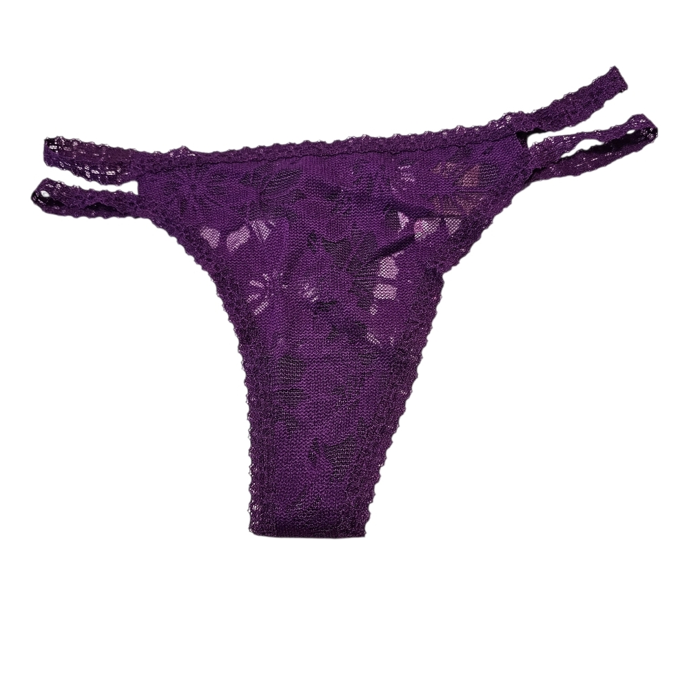Pink Victoria's Secret Floral Lace Double Strappy Side Deep Purple Thong Panty M